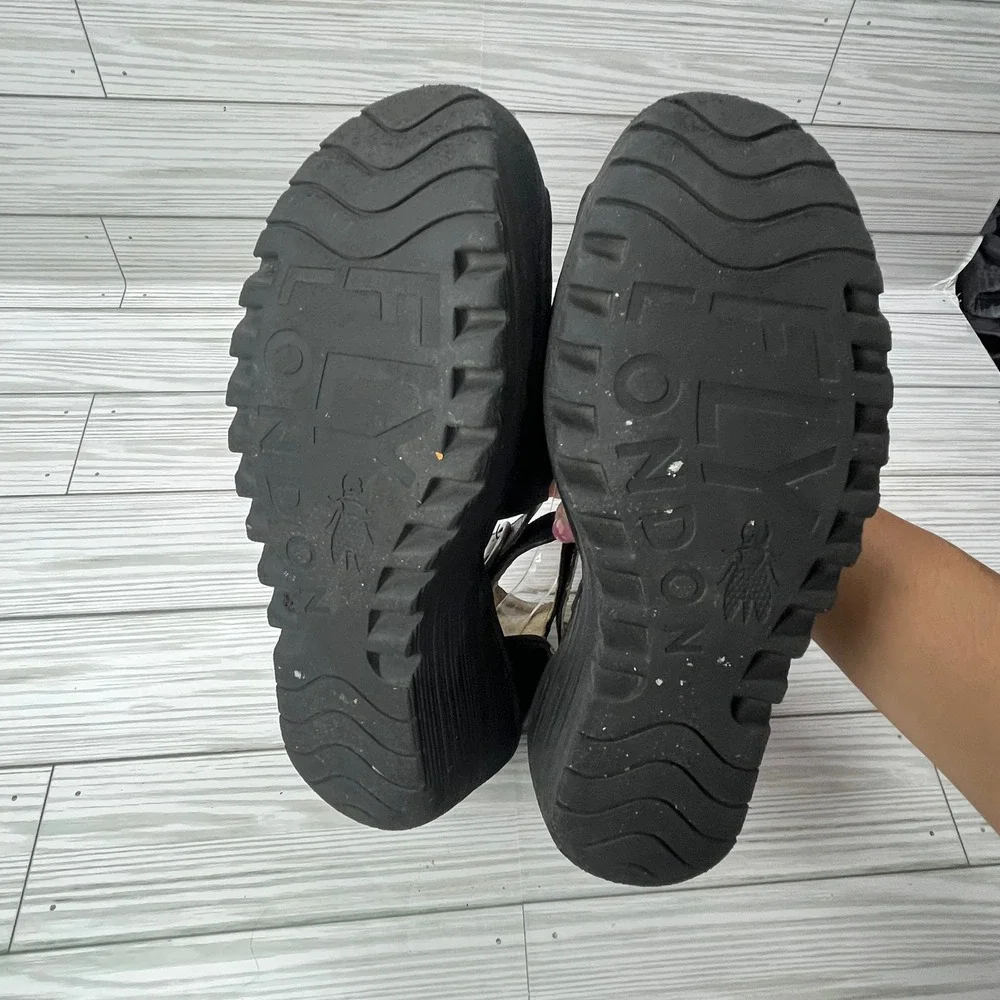 Fly London Womens‎ YALL962FLY Black Leather Peep Toe Wedge Sandals Size 38